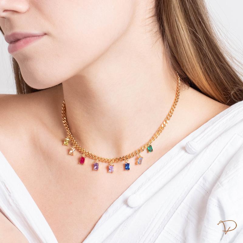 Colar Choker Corrente Malha com Pingentes de Zircônia Retangular  Coloridos Banhado a Ouro 18k