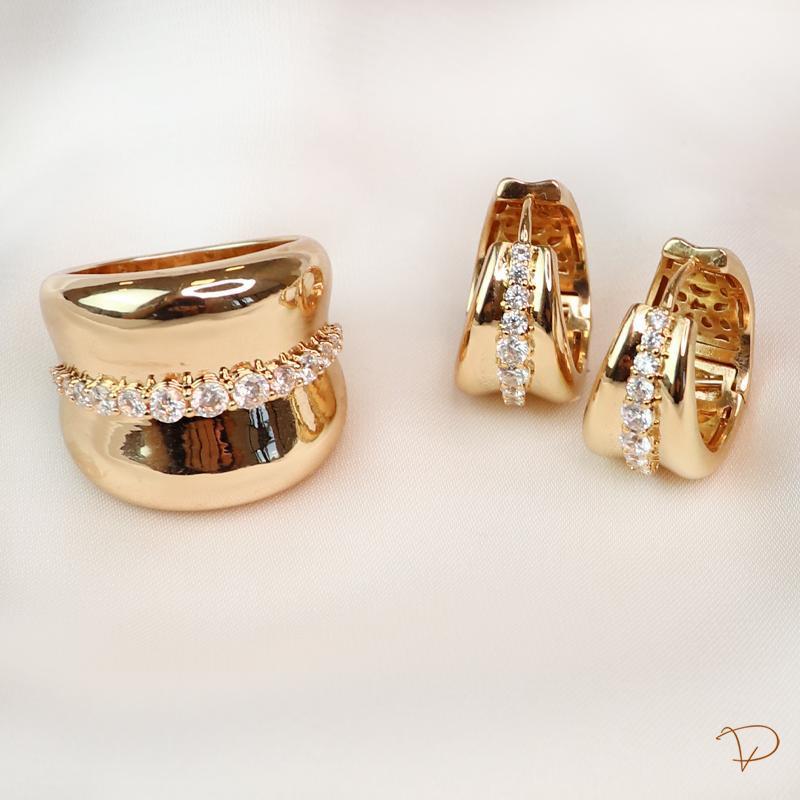 Conjunto Anel e Brinco Argola Bojuda com Zircônias Centrais Banhado a Ouro 18k