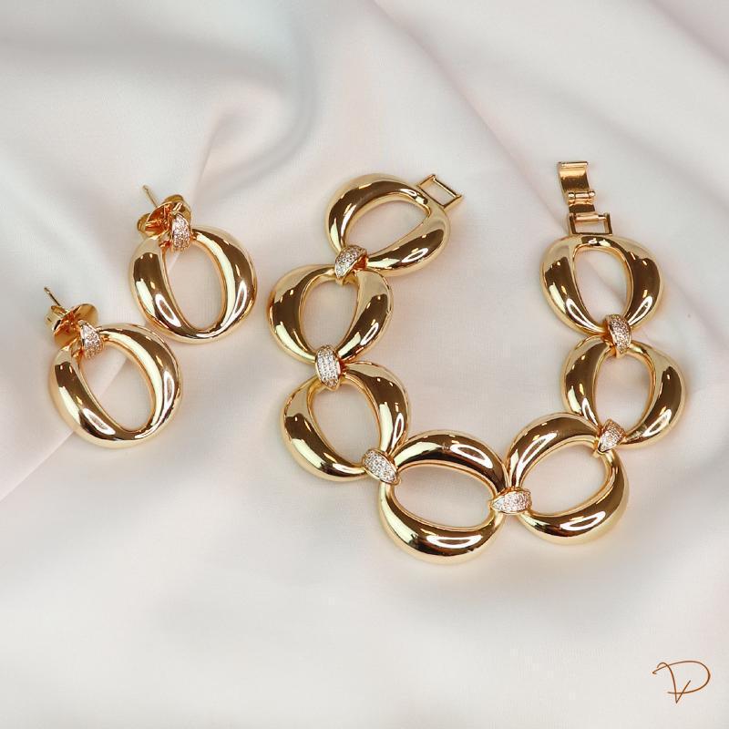 Conjunto Brinco e Pulseira Elos Redondos com Detalhes em Zircônia Banhado a Ouro 18k